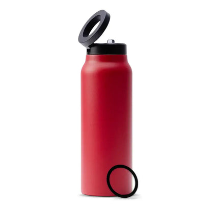 Red Sip & Snap Magnetic Mug with open lid and detachable ring, ideal for keeping drinks hot or cold with 316 stainless steel insulation.